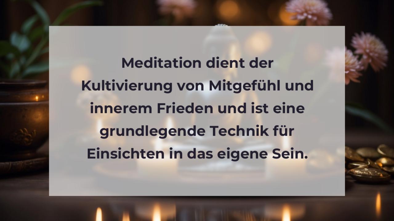 Meditation dient der Kultivierung von Mitgefühl und innerem Frieden und ist eine grundlegende Technik für Einsichten in das eigene Sein.